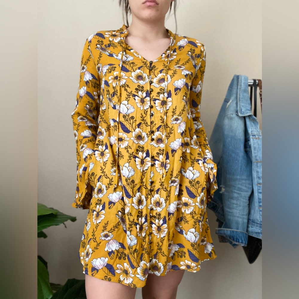 Xhilaration Yellow Floral Long Sleeve Dress